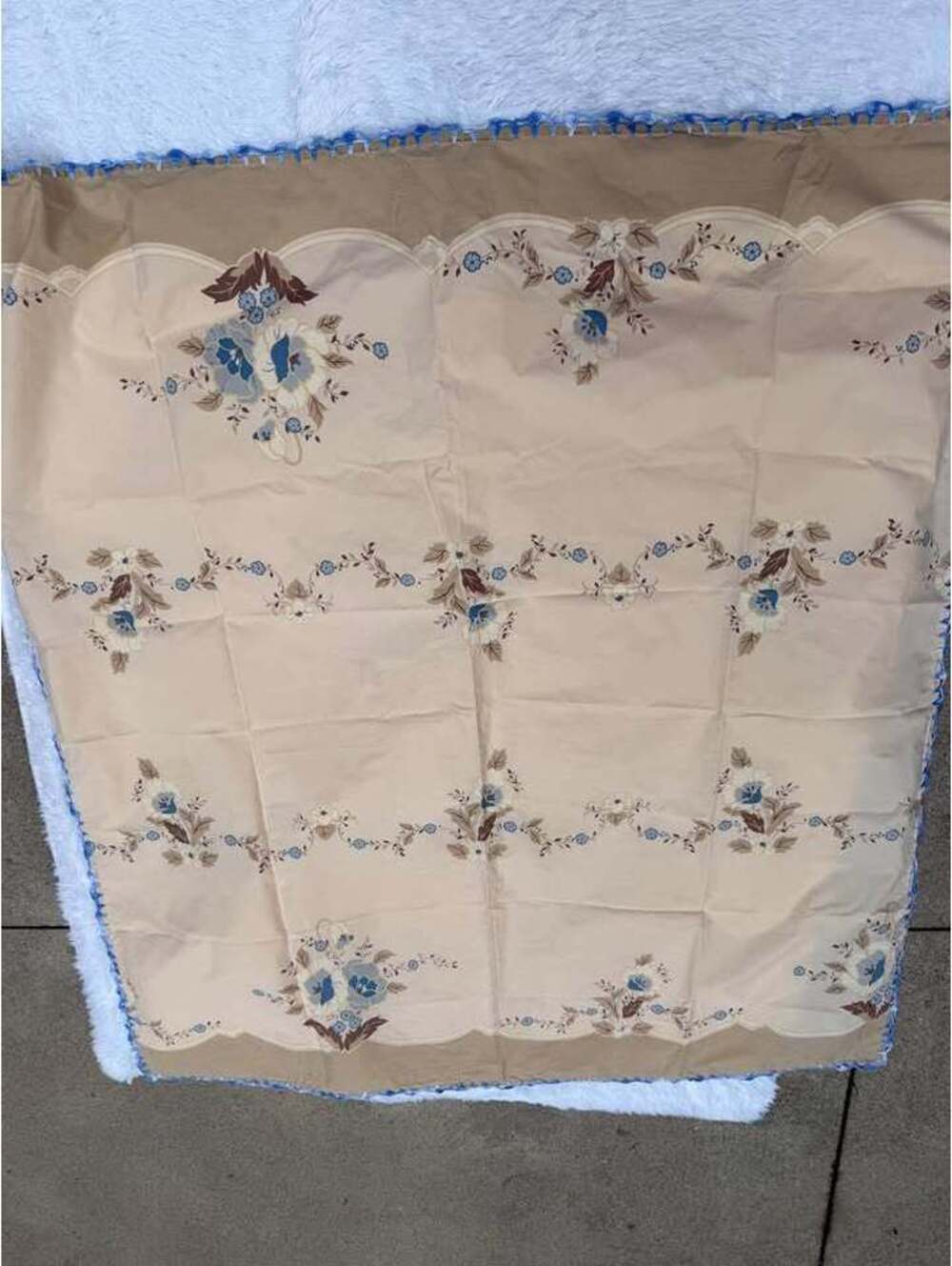 Vintage Floral Tablecloth with Blue Crocheted Trim
